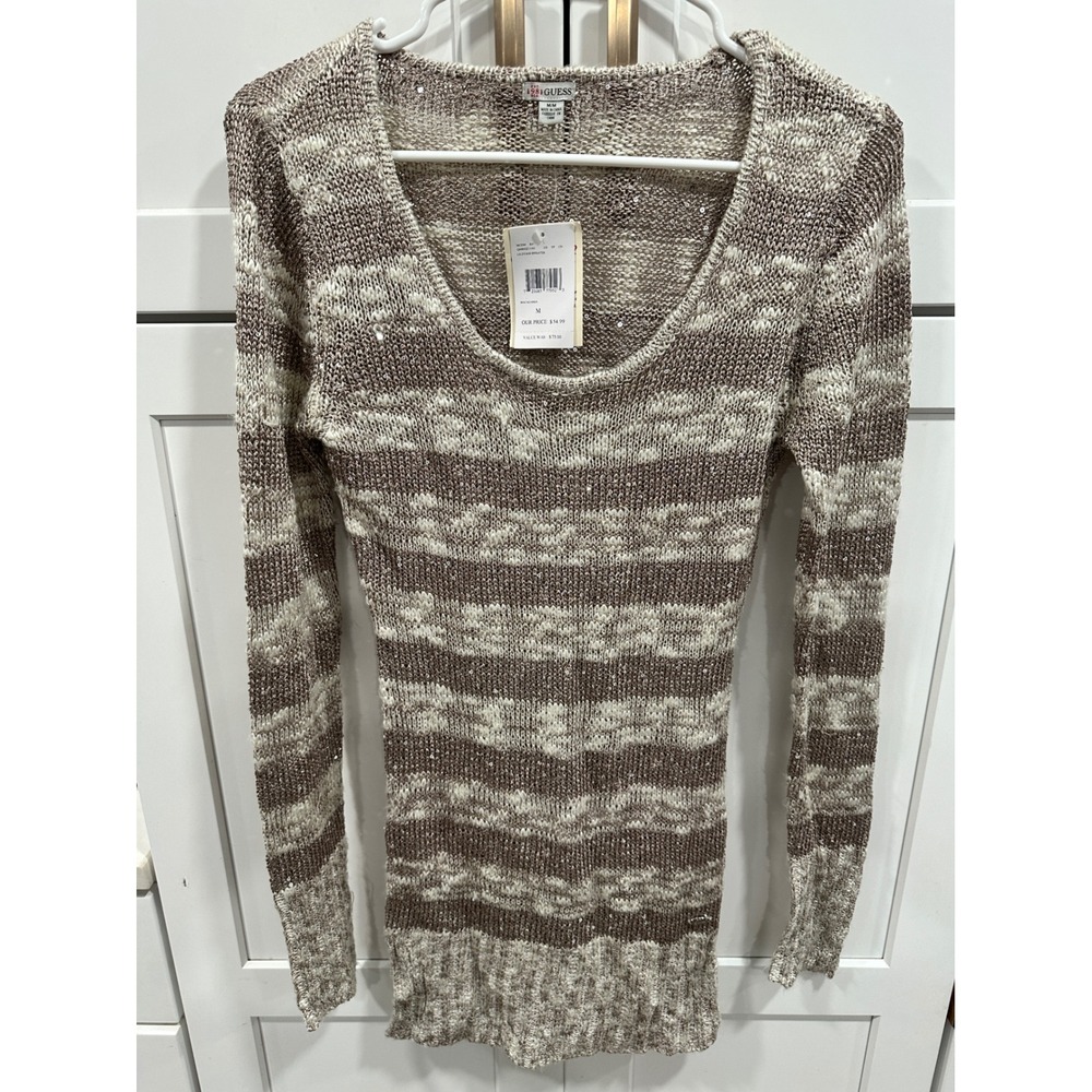GUESS Knit Sweater Womens M Sequins Striped Scoop Neck Long Sleeve‎ Casual